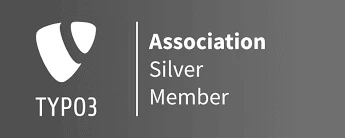 JANDA+ROSCHER ist Typo3 Association Silver Member Weißes Typo3 Logo auf silbernem Hintergrund. Daneben Text: Association Silver Member